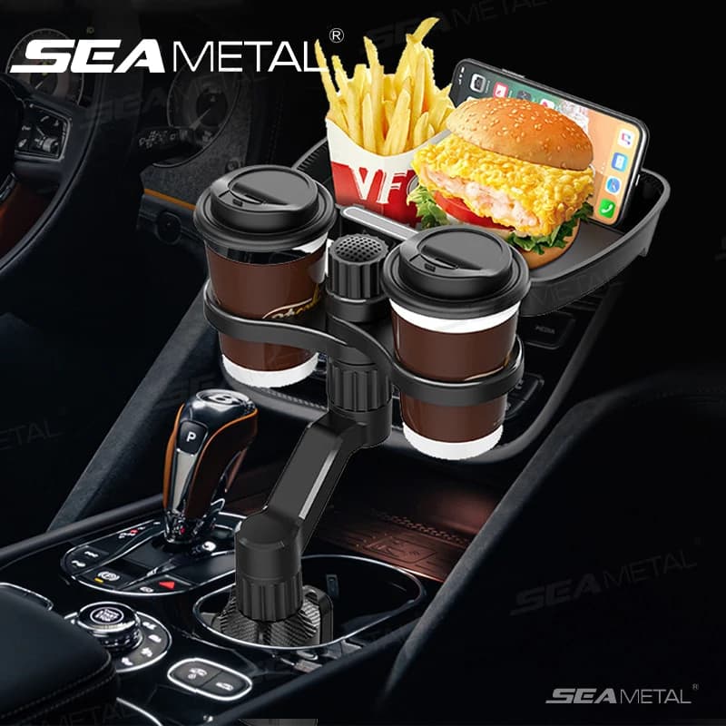 SEAMETAL Portabicchieri per auto con vassoio per alimenti, rotazione a 360 gradi, supporto stabile per bevande, supporto per telefono, fondo estensibile antiscivolo