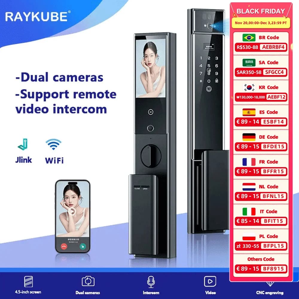 RAYKUBE S90 Jlink WiFi 3D Riconoscimento delle vene del palmo facciale Blocco intelligente delle impronte digitali ricaricabile con telecamere WIFI doppie Videochiamata APP