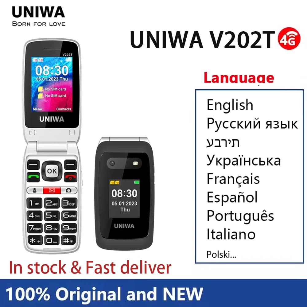 Telefono UNIWA V202T 4G VoLTE a doppio schermo, batteria da 1450mAh, pulsante SOS frontale, telefono a conchiglia, supporto HAC, tastiera russa, multilingue