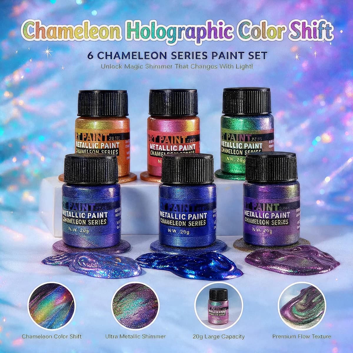 6 Colors Chameleon Metallic Paint Set 20g Per Bottle Color Shift Iridescent Acrylic Paint for Model Making Resin Craft Nail Art