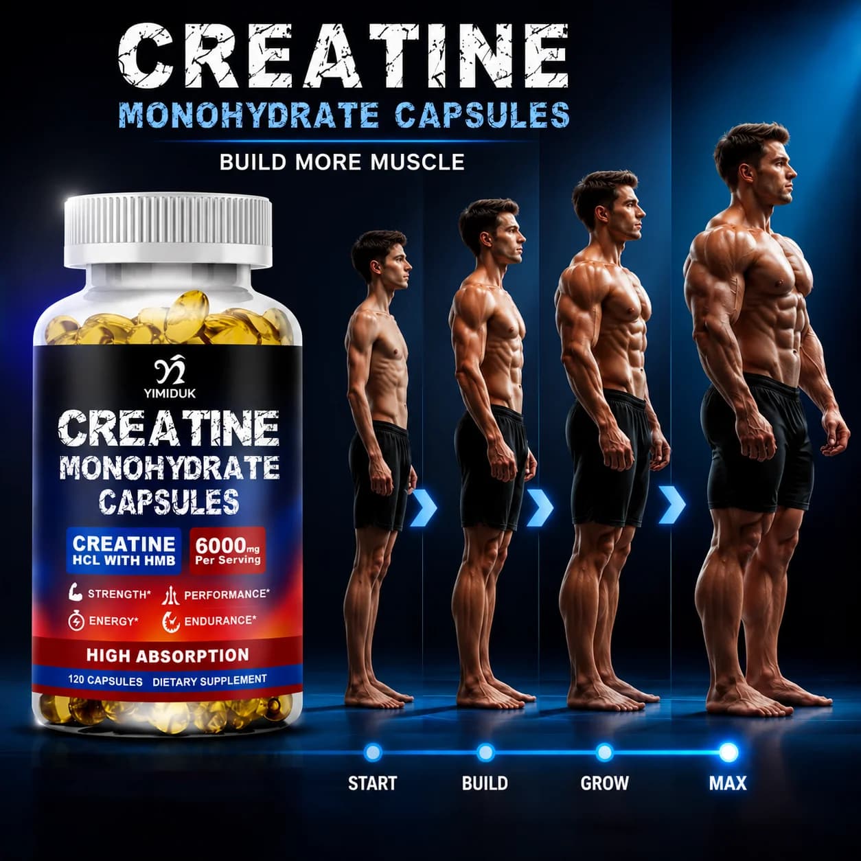 Integratori di Creatina Monoidrato, con Creatina HCL e HMB, per Sviluppare Massa Muscolare Magra, Aumentare la Resistenza, Accelerare il Recupero