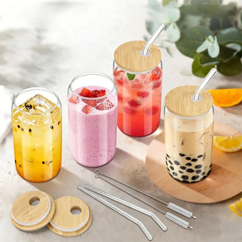 12 Pack Can Shaped Glass Cups with Bamboo Lids and Glass Straws, Clear Iced Coffee Glass Tumbler Set with Cleaning Brushes & Decor Stickers, Reusable Drinking Glasses for Boba Tea Soda Juice Smoothie