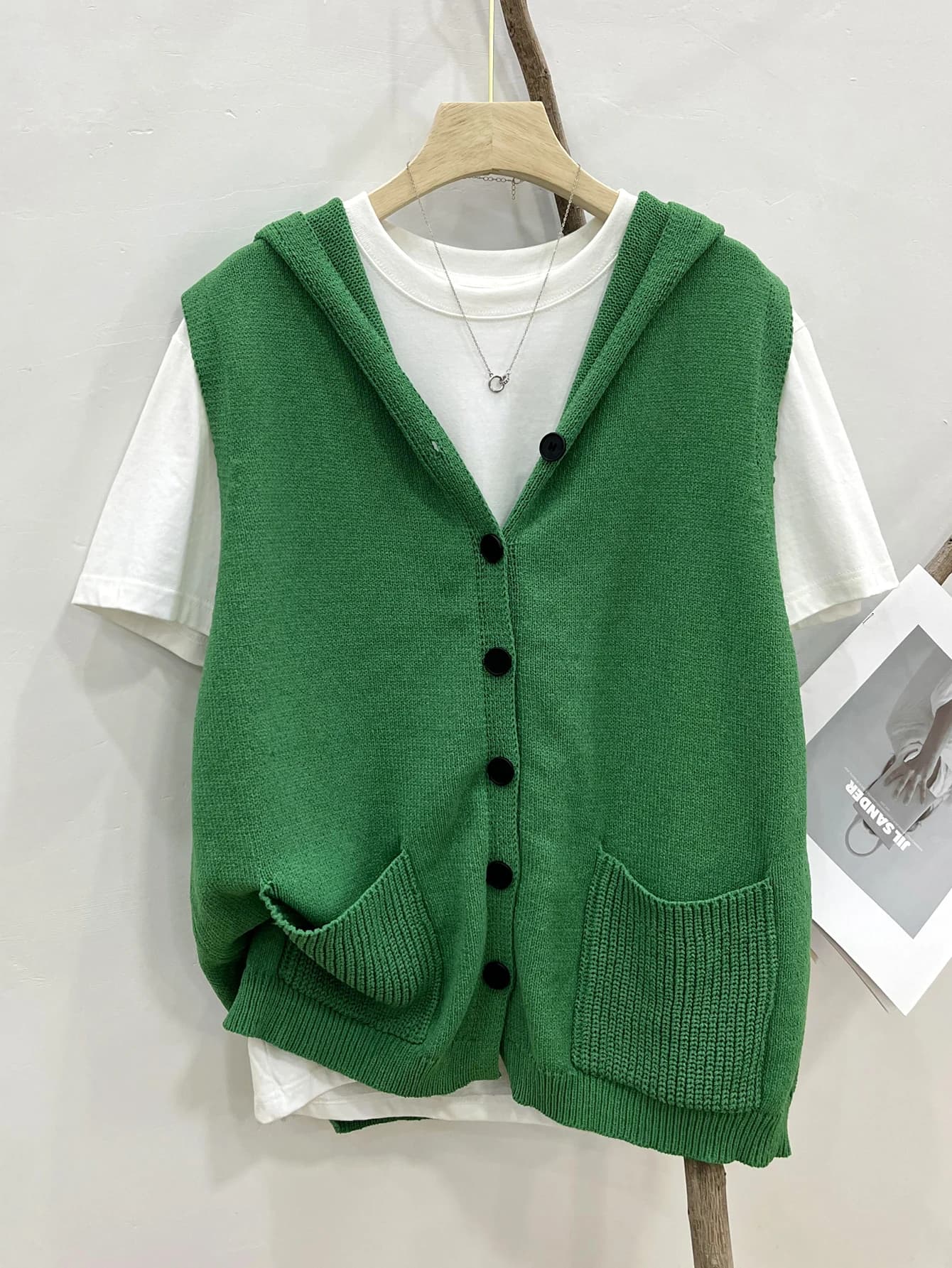 Gilet in maglia con cappuccio e chiusura a bottone singolo, taglie forti, da indossare sotto