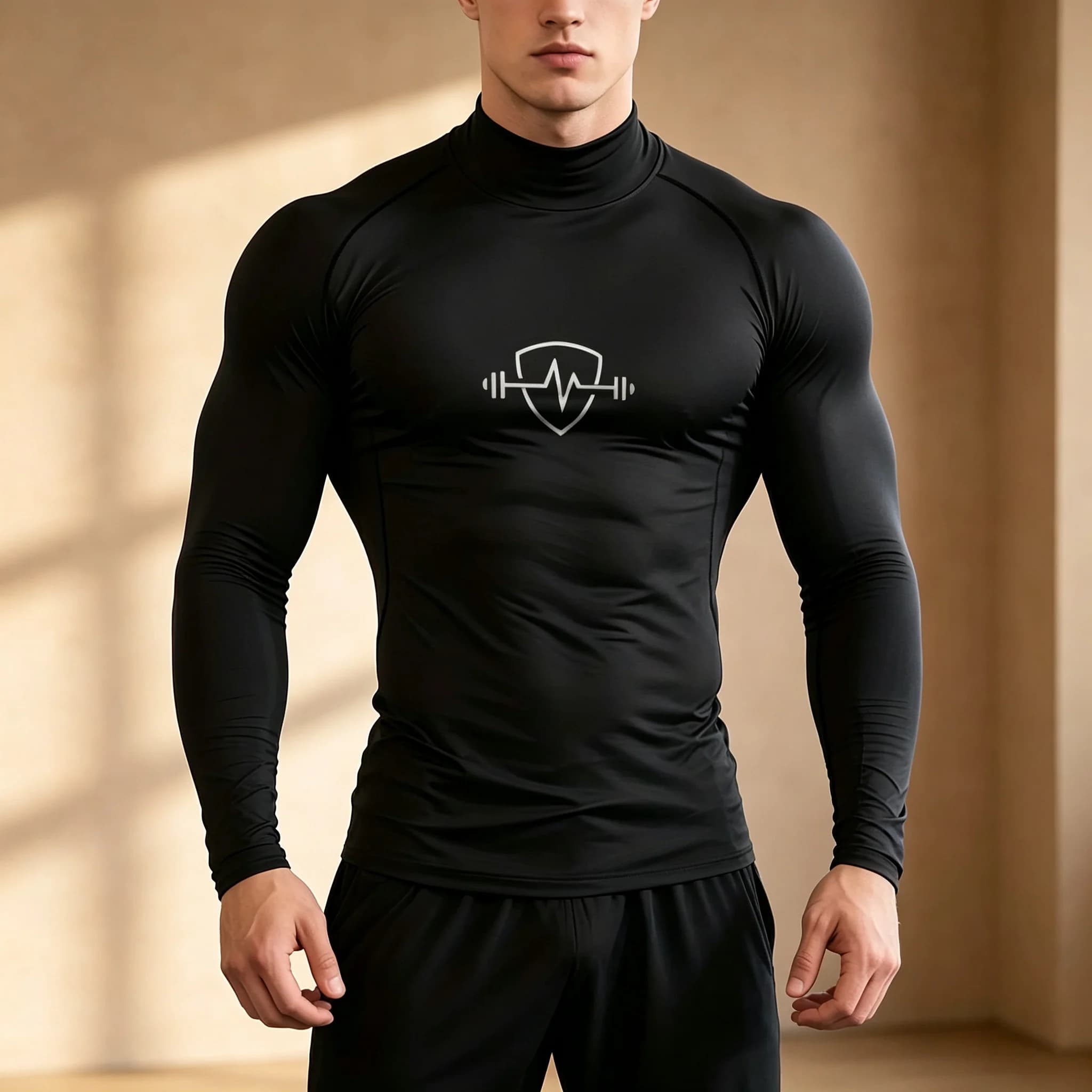 Men's Mock Neck Compression Long Sleeve Shirt, Dumbbell Heart‑beat Shield Print Slim Fit Athletic Top, Elastic Breathable Gym