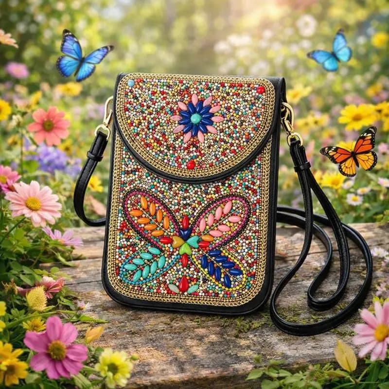 Borsa a Tracolla Mini in PU con Farfalle Colorate, Pochette da Viaggio per Cellulare, Portafoglio Boho con Perline, Borsa a Tracolla per Telefono da Donna