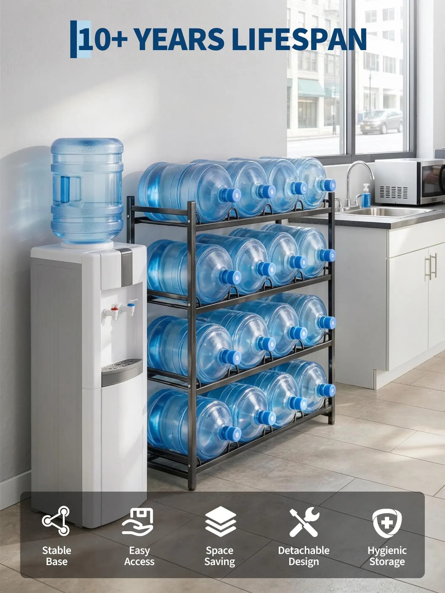 5 Gallon Water Bottle Holder for 16 Bottles, HeavyDuty 4 Tiers Black | Detachable Water Cooler Jug Holder Water Jug Stand, Space Saving Water Jug Rack for Office, Kitchen, Garages