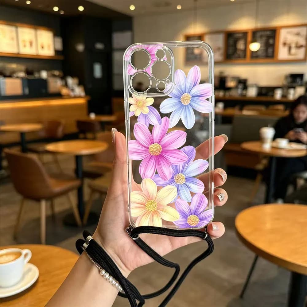 Clear TPU Crossbody Shoulder Strap Lanyard Phone Case For iPhone 18 17Air 16 15 14 Plus 13 12 11 Pro Max Floral Print Back Cover