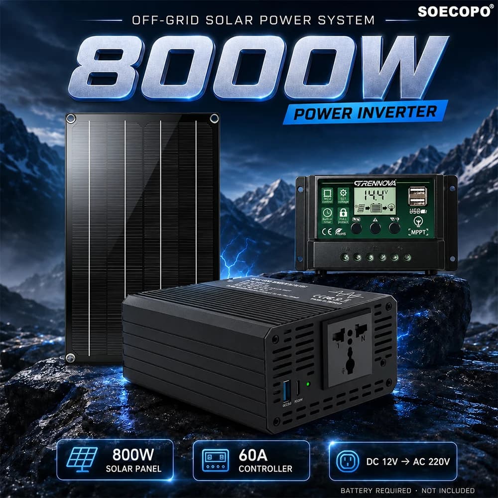 SOECOPO Solar System Kit 800W Rated Inverter 8000W Peak DC 12V To AC 220V PD3.0 36W QC3.0 18W MPPT Controller 800W Panel Set RV
