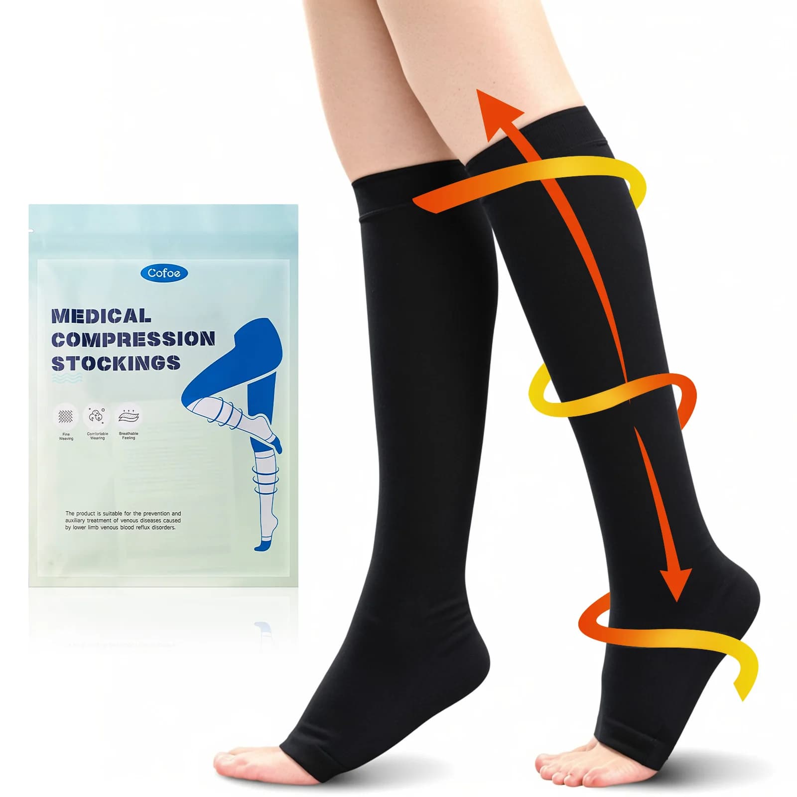 Calze a compressione Cofoe Level 2 senza punta, calze a compressione media, calze antiscivolo al ginocchio, prevengono il gonfiore e le vene varicose