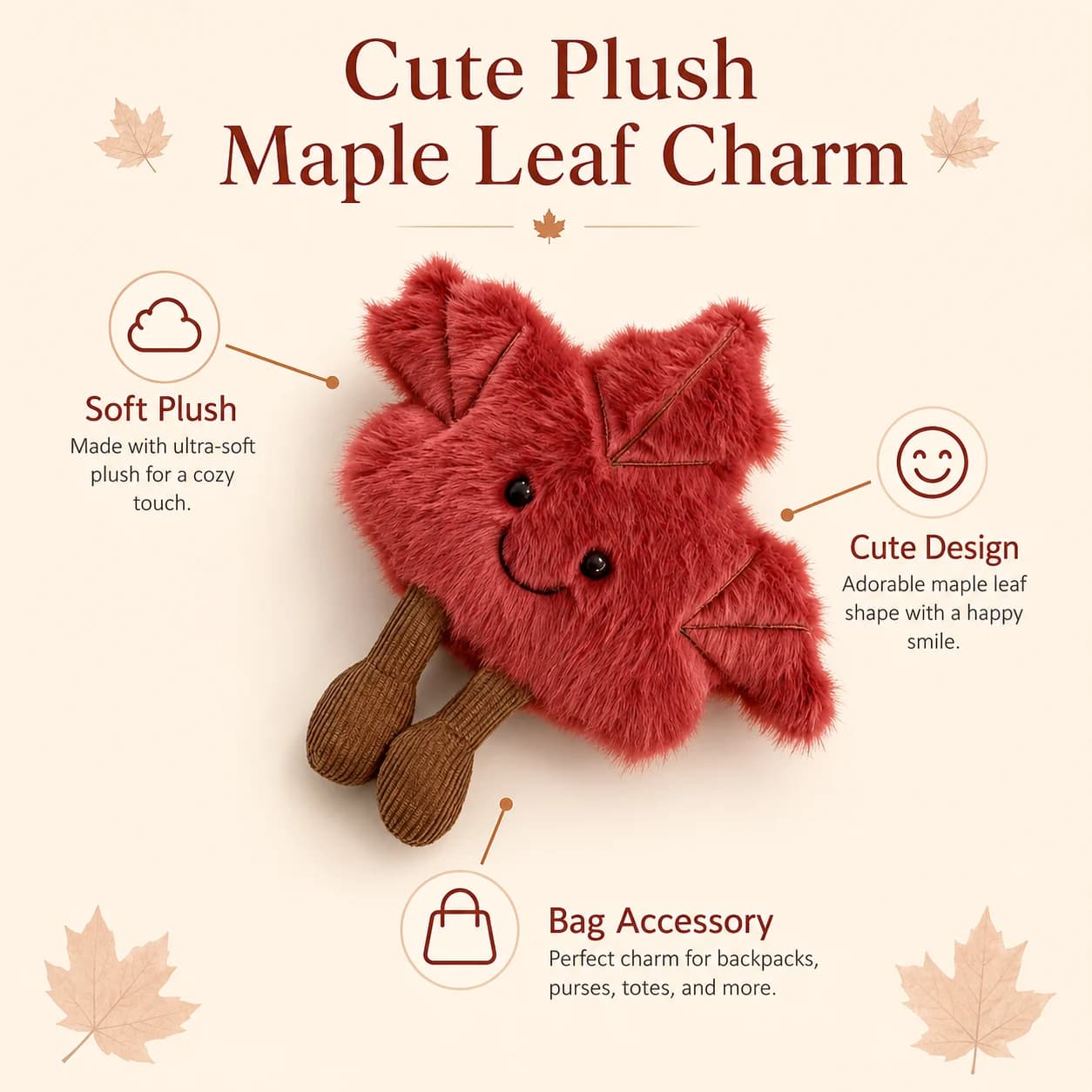 1pc Cute Red Maple Leaf Plush Keychain Ultra Soft Fluffy Autumn Leaf Doll Bag Charm With Corduroy Legs Smiling Face Mini Stuffed Pendant For Backpack Handbag Fall Holiday Gift