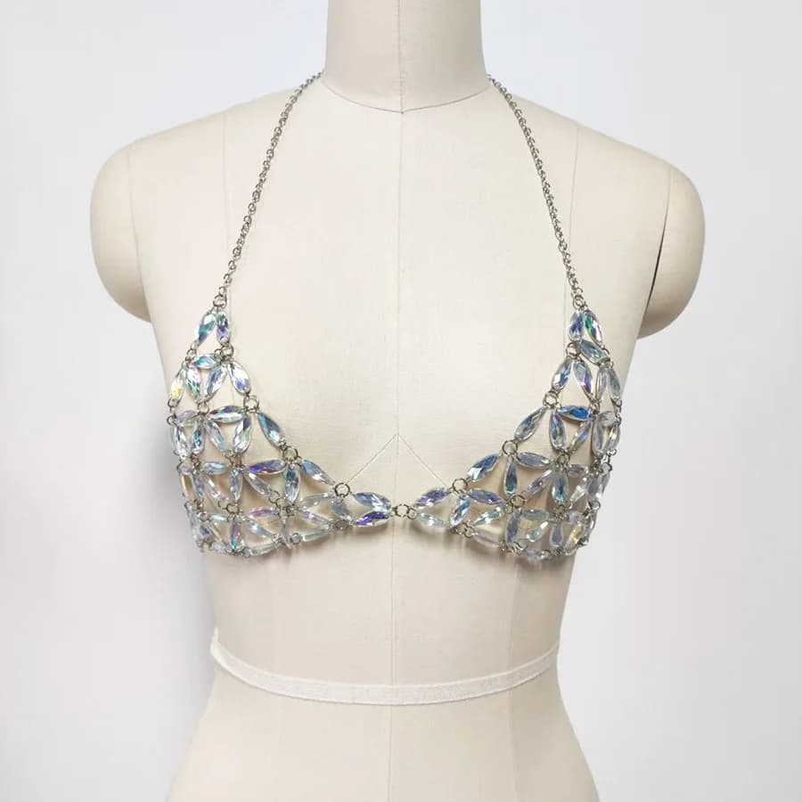 Saldi: Bralette con strass e perline scintillanti, gioiello per il corpo, top reggiseno, per abbigliamento da spiaggia, festival, rave, costume da bagno femminile