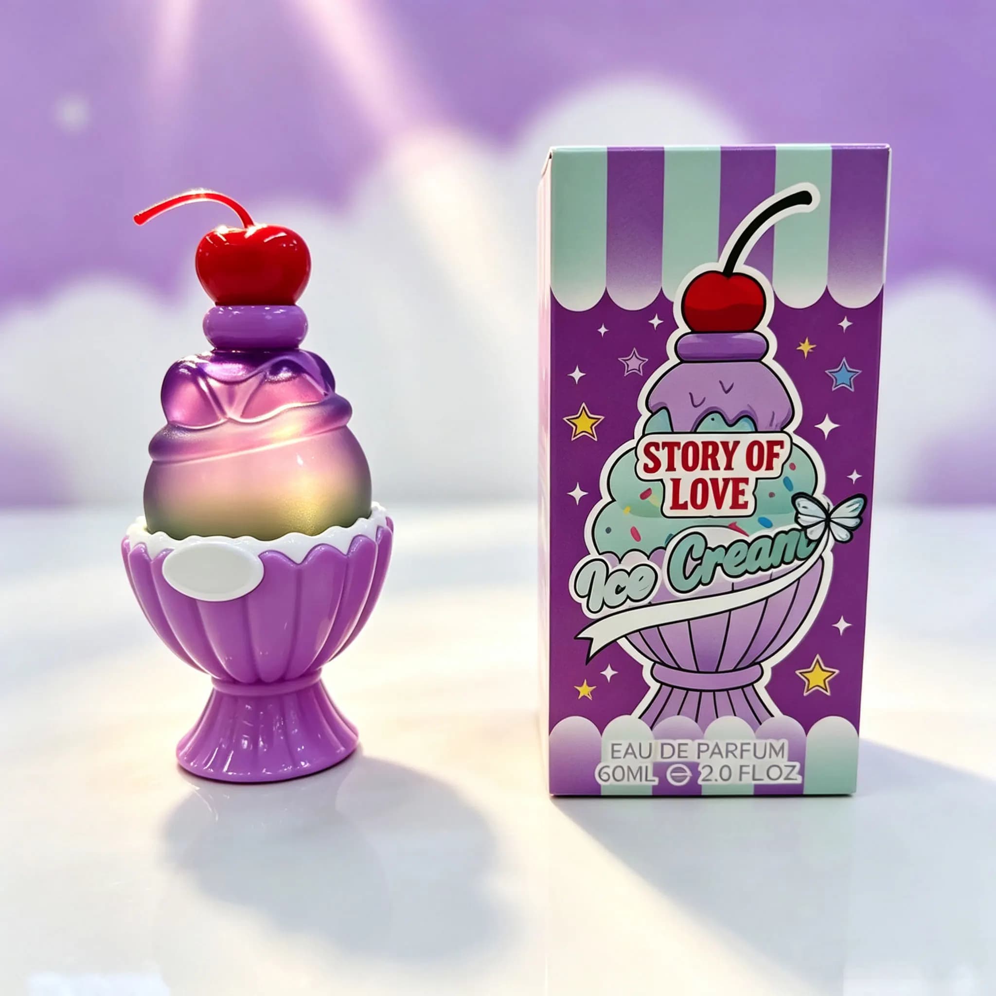 Cute Ice Cream Shaped Eau De Parfum 60ml, Sweet Long Lasting Floral Fruity Fragrance, Kawaii Cherry Decor Perfume Bottle, Exquisite Cartoon Gift Box for Women Girls Birthday Valentine Gift
