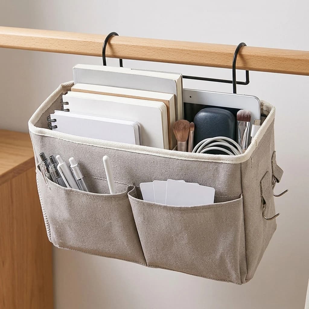 1 hanging bedside storage bag, wall mounted sorting bag with metal hook for storing small items
