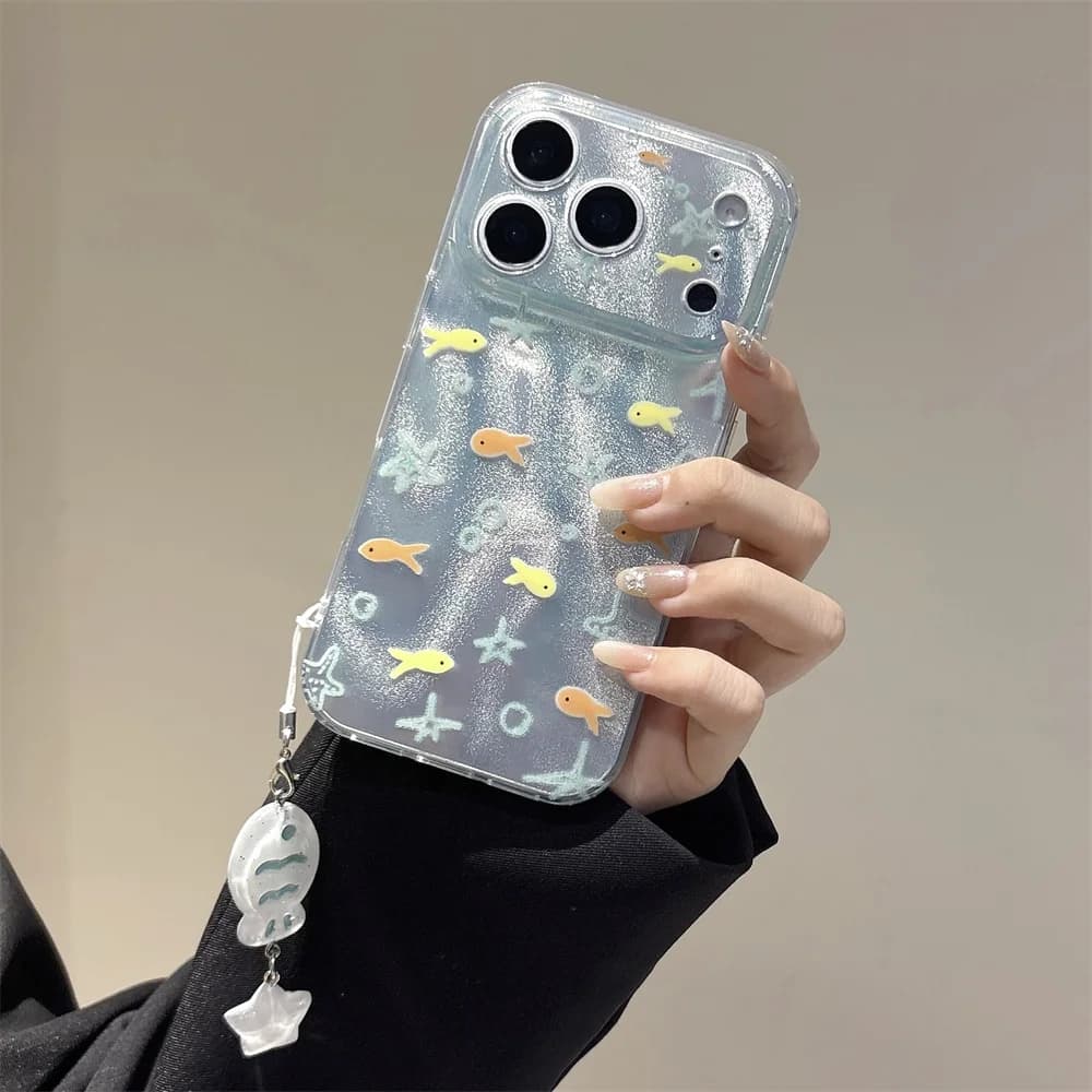 Custodia per iPhone 17 Pro 13 14 15 16 Pro Max con design a piccolo pesce coreano, simpatica e antiurto, con ciondolo Kawaii, compatibile anche con 15Pro