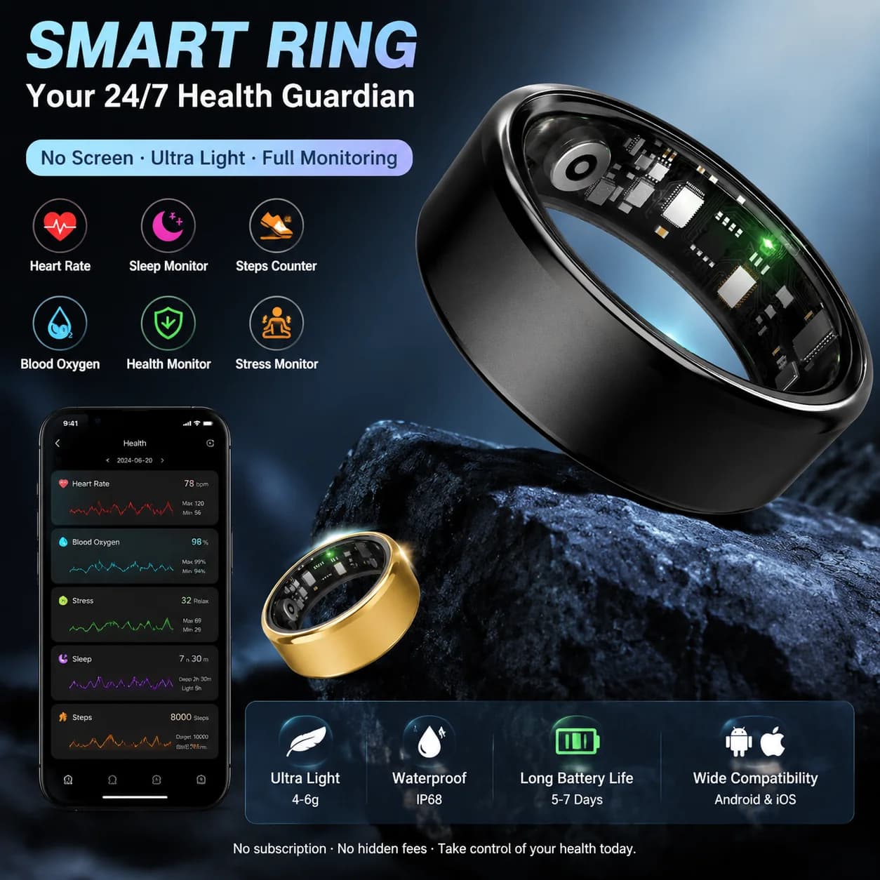 Smart watch with charging case Heart rate blood pressure/oxygen monitor 5ATM waterproof outdoor sport smartring Timer for ios Android