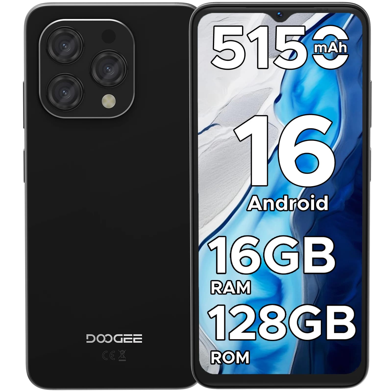 DOOGEE N55 Smartphone Android 16, Telefono Cellulare con Display HD+ da 6,56'' a 90Hz, Batteria Grande da 5150mAh, 16GB+128GB, Processore Octa-Core T7200