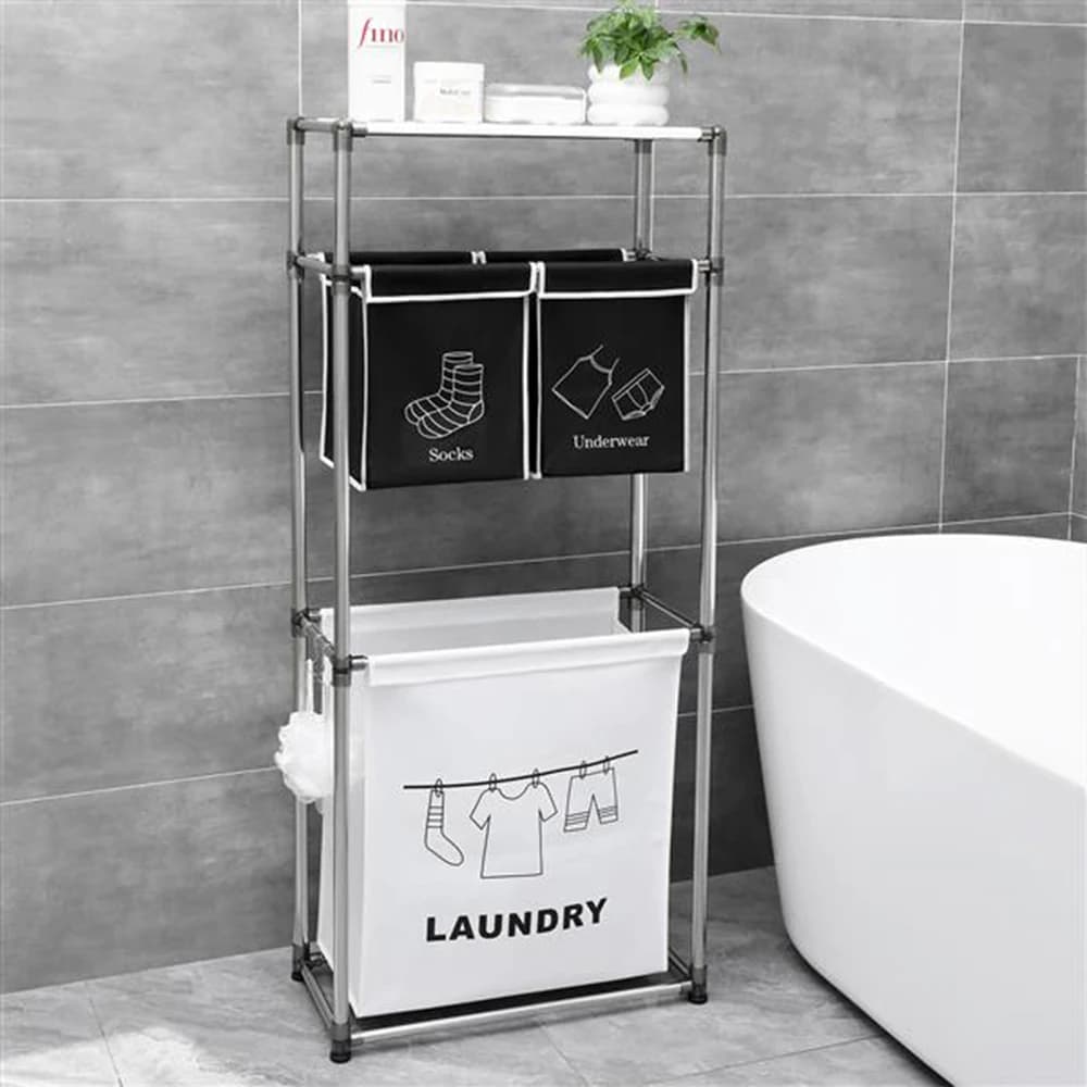 3 level whiteboard with 4 removable bags to arrange clothes, light linen, dark linen, three hooks