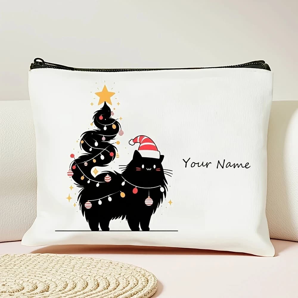 Cute Black Cat & Christmas Tree Polyester Makeup Bag, Zippered Pouch, Spacious Portable Gift for All