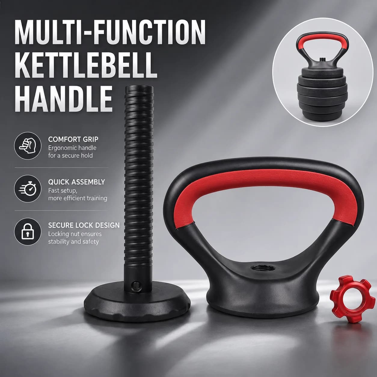 Premium 3PCS Adjustable Kettlebell Handle Set, Includes Kettlebell Grip, Weight Plate Loading Base and Secure Lock Nut for Home