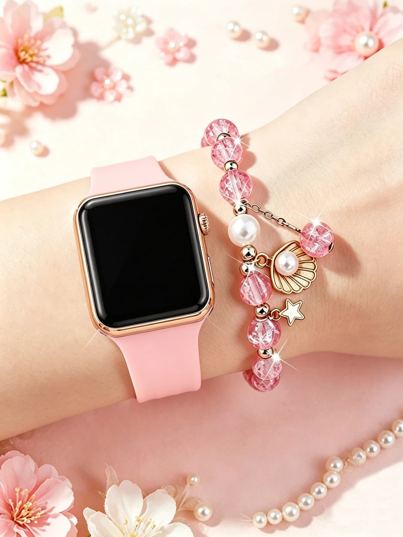 Orologio Elettronico Quadrato alla Moda con Bracciale Rosa a Perline, Versatile per l'Uso Quotidiano, Ottima Idea Regalo