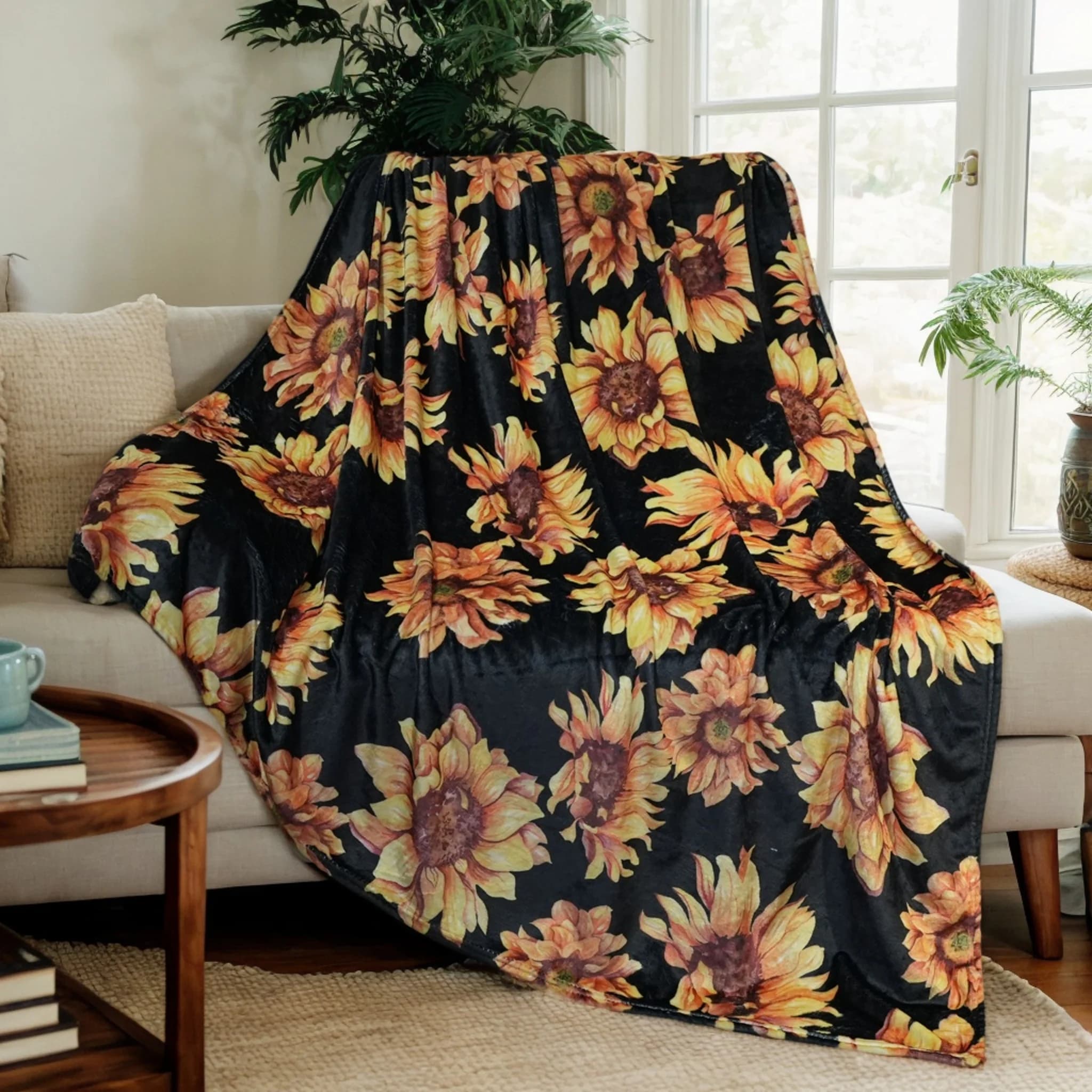 Coperta girasole nera – soffice e accogliente in pile per divano, letto o viaggio, calda coperta decorativa regalo per le donne