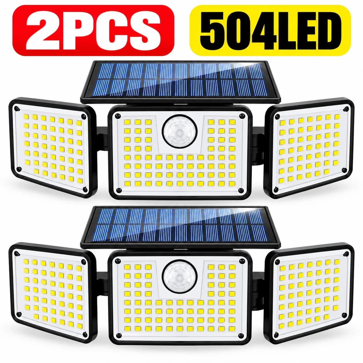 2PCS 504LED Solar Motion Sensor Security Lights, 3 Lighting Modes, 270° Adjustable Wide Angle, IP65 Waterproof Outdoor Wall Lights for Garage, Yard, Garden, Patio & Front Door