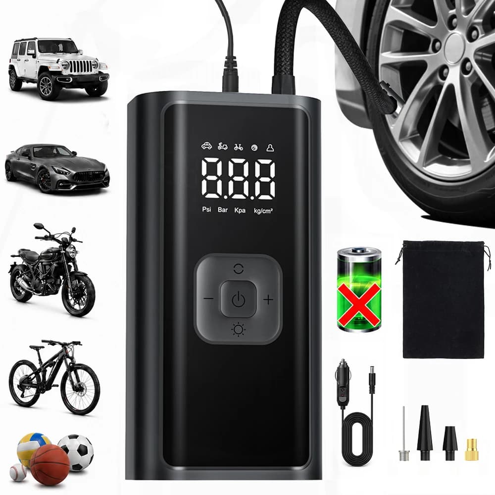Qenrix 150PSI 12V Tire Inflator Pump, Car Air Compressor with Digital Gauge & LED for Car Motorcycle Bike Ball, No Battery