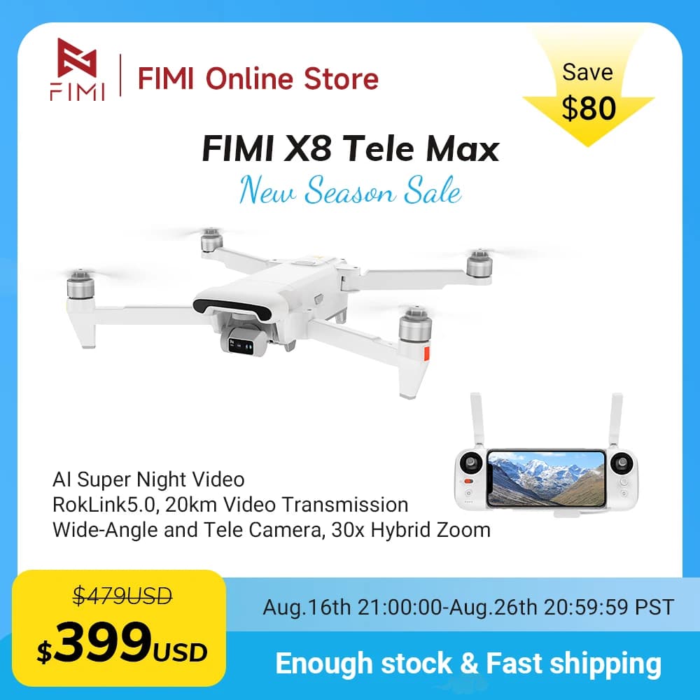 Drone FIMI X8 Tele Max 4K professional, 30 minutes of autonomy, reach of 20 km, original, double camera 60fps, 3-axis gimbal and night vision AI.