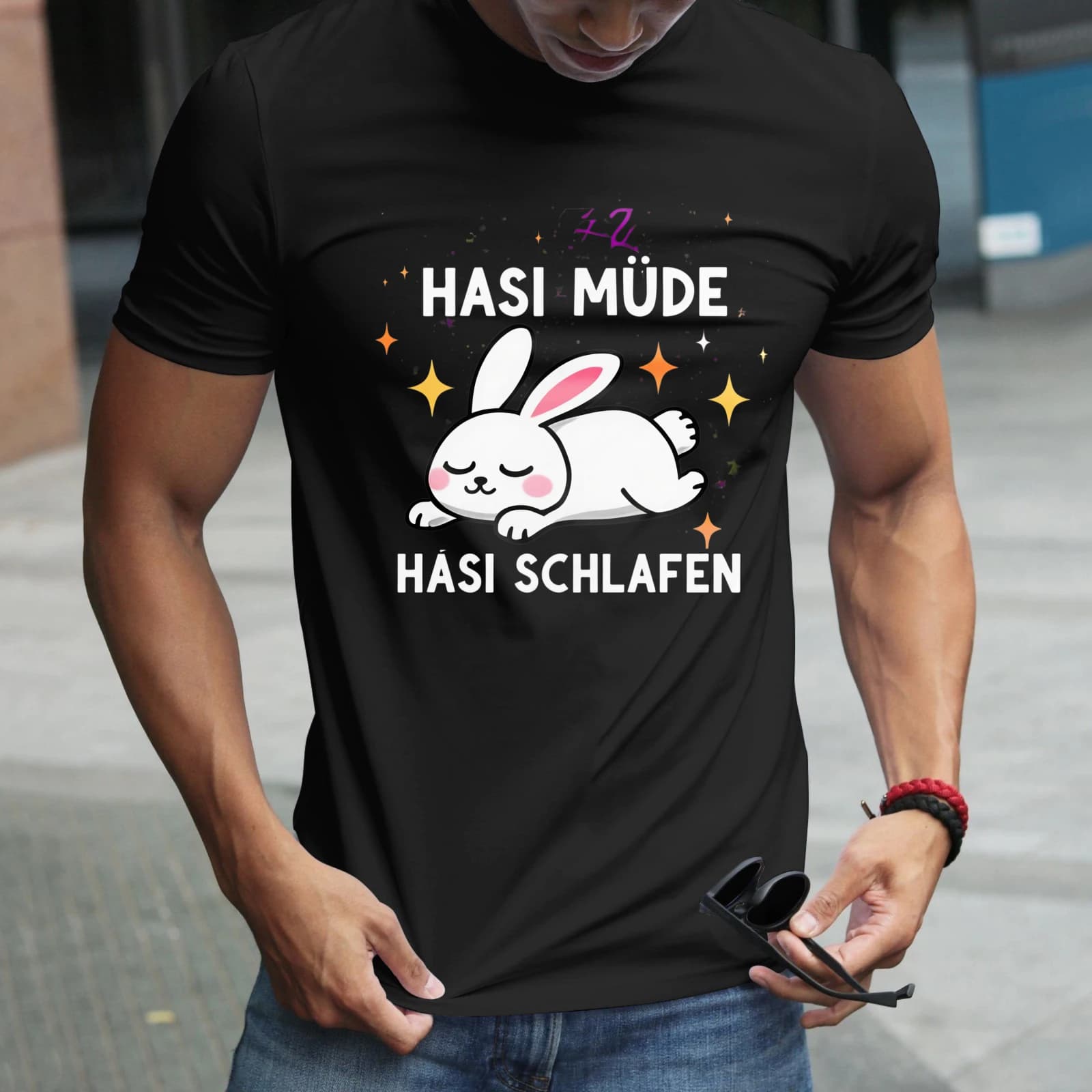 Dreamy Sleepy Bunny T-Shirt with Cosmic Stars and HASI MDE Text? Adorable Cartoon Rabbit Design on Black Casual Tee, Soft 180gsm Round Neck Short Sleeve Shirt for Casual Attire