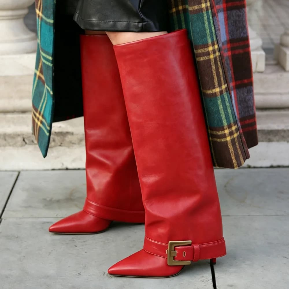 Fold Over Boots For Women Knee High Pointed Toe Boots With Stiletto Heel Wide Calf Boots Casual Comfortable Elegant Knee High Boots