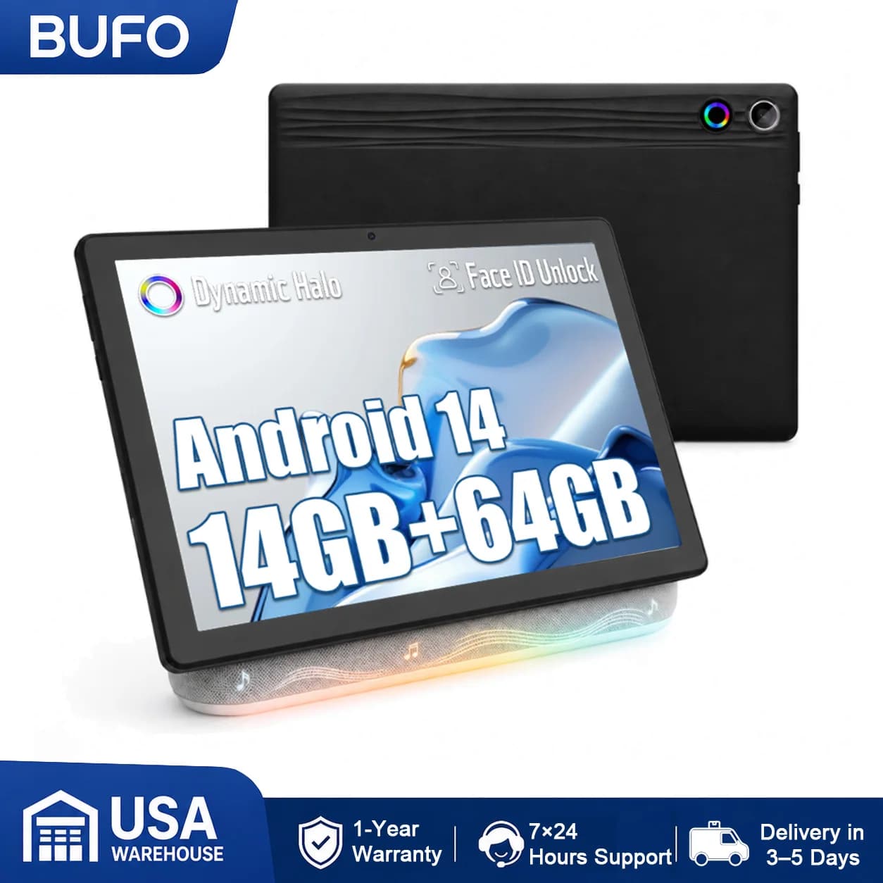 BUFO A10PRO 10.1 Inch A523 Octa Core Tablet 14GB(3+11G) RAM 64GB ROM Android 14 1280*800 HD LCD Screen 5000mAh Battery Detachable Speaker Dock Face Unlock Widevine L1 TF Card Up to 1TB Tablet PC