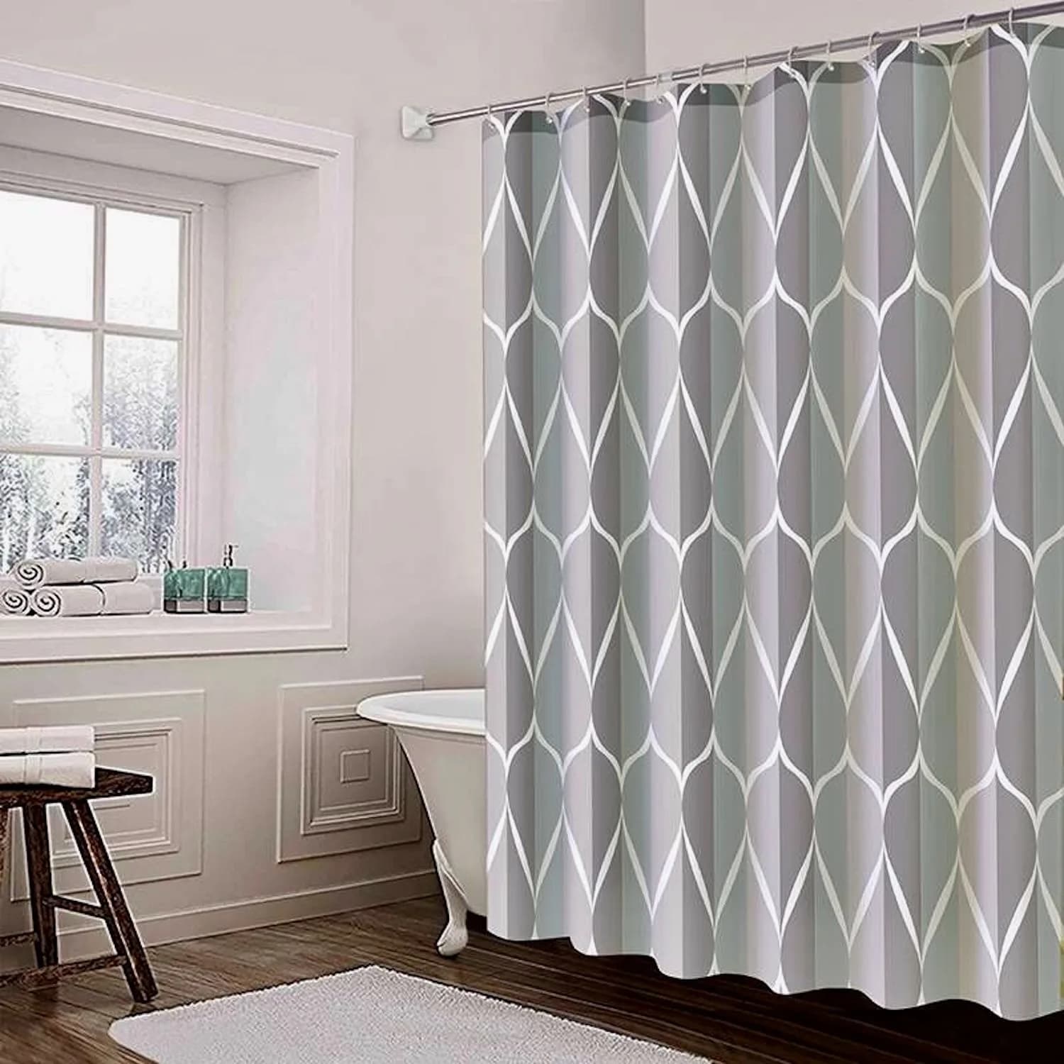 Tenda da doccia in poliestere grigio 1pc con ganci, tenda da doccia impermeabile per bagno, tessuto, lavabile in lavatrice, 71x71 pollici