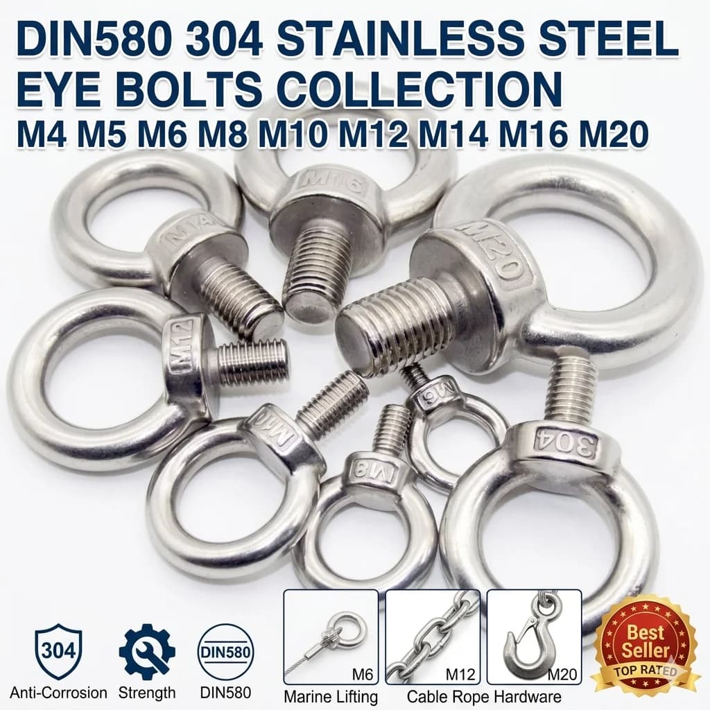 DIN580 304 Stainless Steel Eye Bolt M4 M5 M6 M8 M10 Marine Lifting Eye Screws Ring Loop Hole Bolt For Cable Rope Hardware