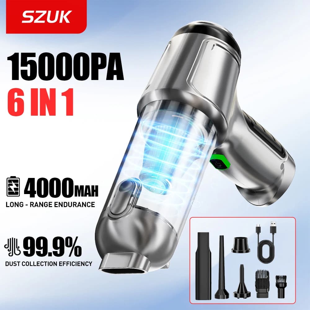 SZUK 15000PA Aspirapolvere per auto senza fili Macchina per la pulizia portatile Pulitore senza fili Potente mini aspirapolvere portatile
