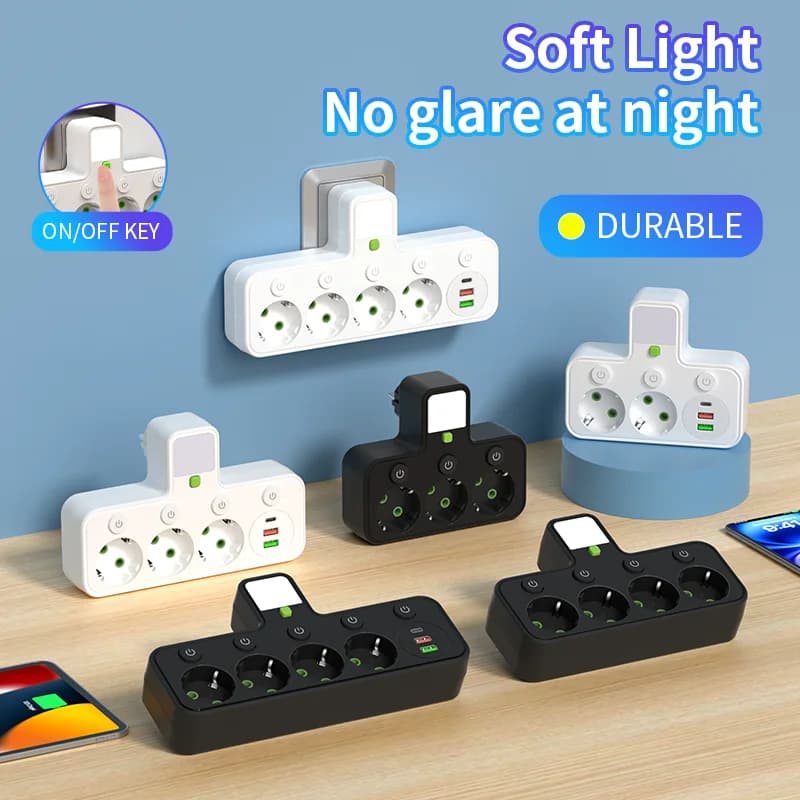 Wall charger with or without USB Type-C port, available in two specifications: EU plug and multiple socket, suitable for home