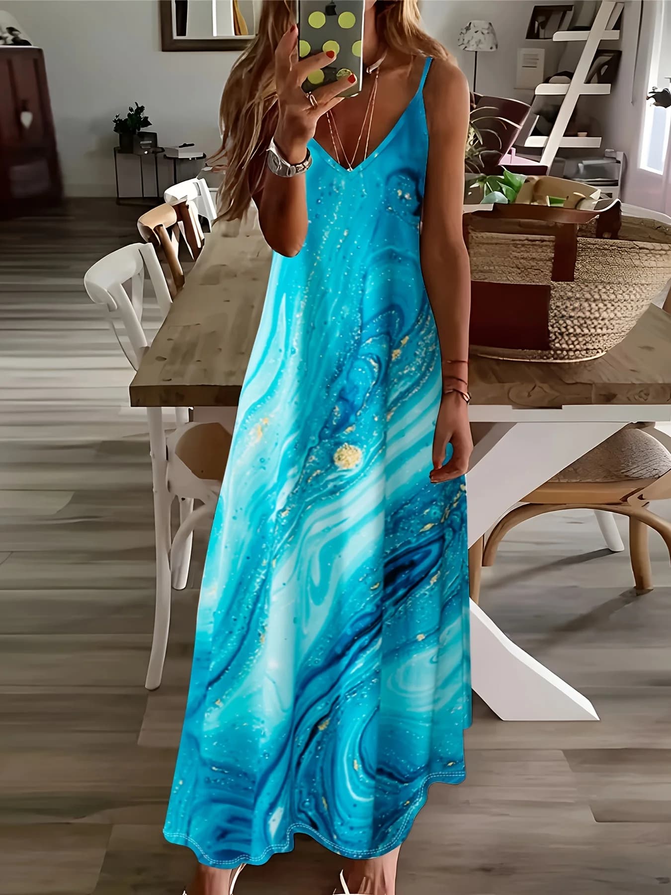 Printed Design Ocean Wave Galaxy Print Four Seasons elegant style casual style sling dress