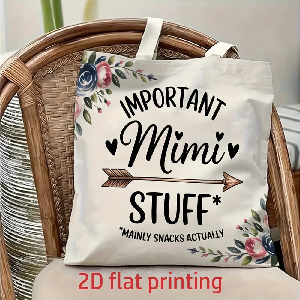 1 borsa a tracolla in tela con tema "Mimi Snacks" con design floreale e slogan divertenti, borsa tote leggera e pieghevole con tracolla fissa, borsa per la spesa riutilizzabile, regalo perfetto per pendolarismo, viaggi, shopping, scuola e festival