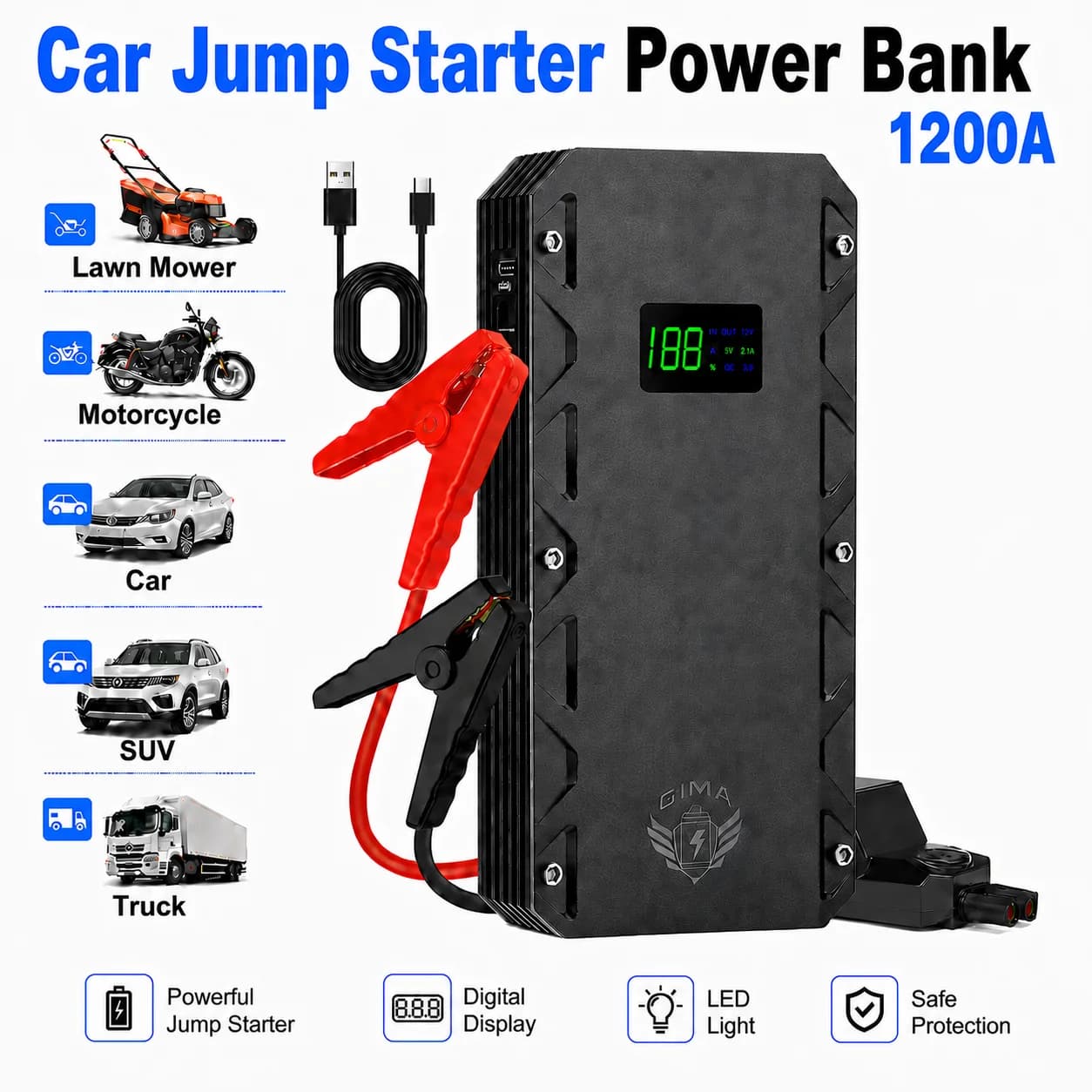 Avviatore d'emergenza per auto, moto e biciclette 1200A di picco, power bank portatile 12000mA con torcia LED (SOS/Strobo), funzione power bank (uscita USB-C e DC), booster per batteria auto 12V con morsetti di sicurezza intelligenti