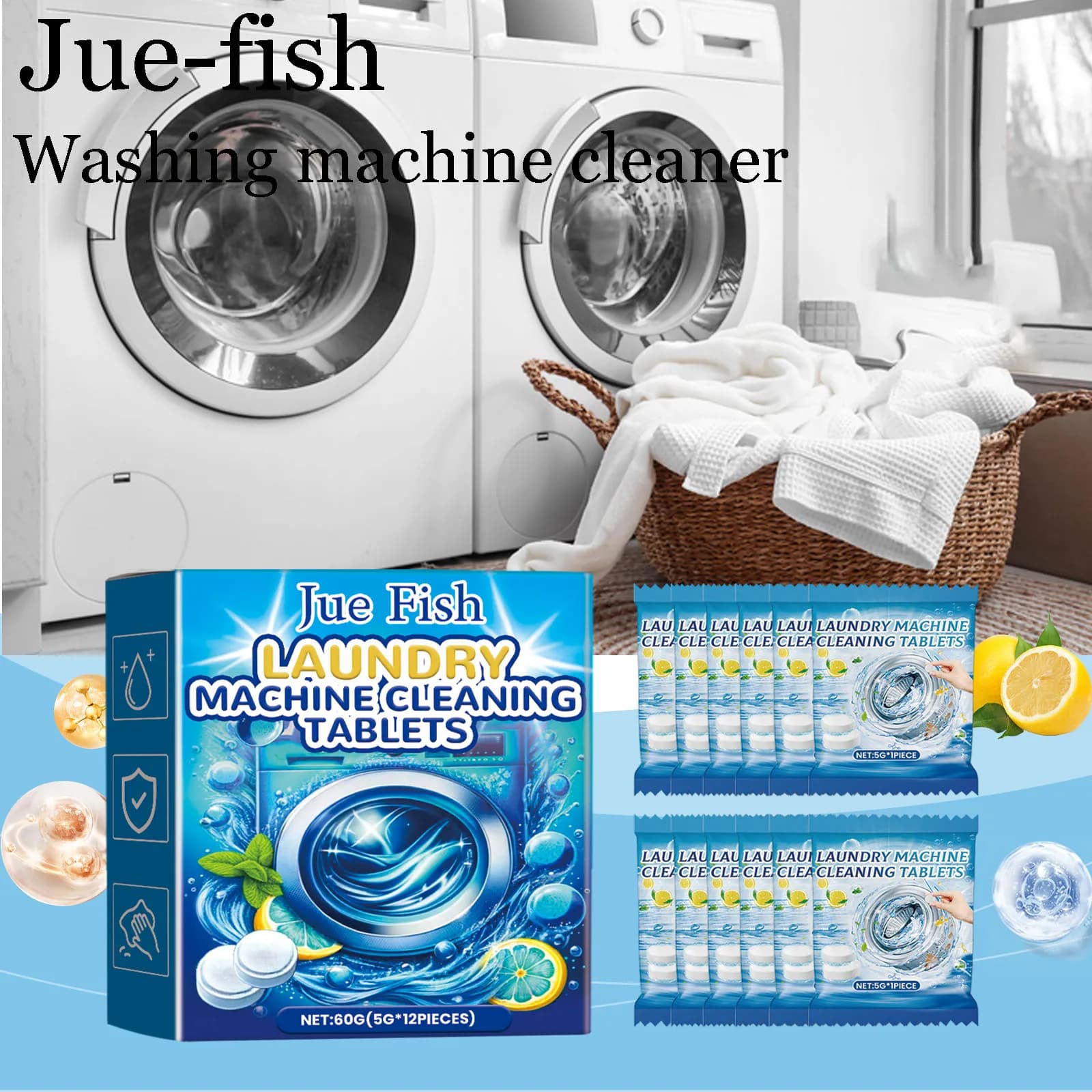 Jue-fish Lavatrice Compresse effervescenti Decalcificazione Serbatoio di pulizia Macchie Potente rimozione dello sporco Lavatrice Pulitore Foglio