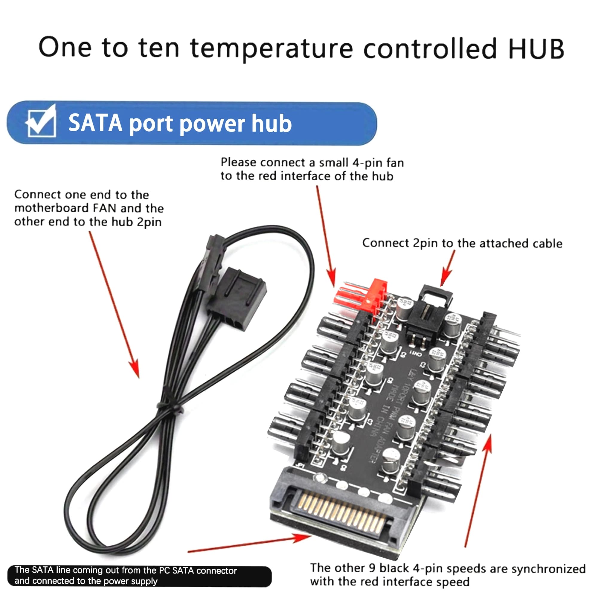 1 to 10 Port 4Pin PWM Fan Hub SATA / 4D Power Supply Intelligent Temperature Control Splitter For PC Case Cooling Fans