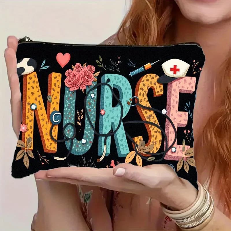1 travel bag for medical and nursing theme tricks with stethoscope door, injection needle, vintage floral design, multifunctional travel bag for cosmetics, snack bag, stationery bag, fashionable toilet bag, printed zipper clutch on both sides of canvas