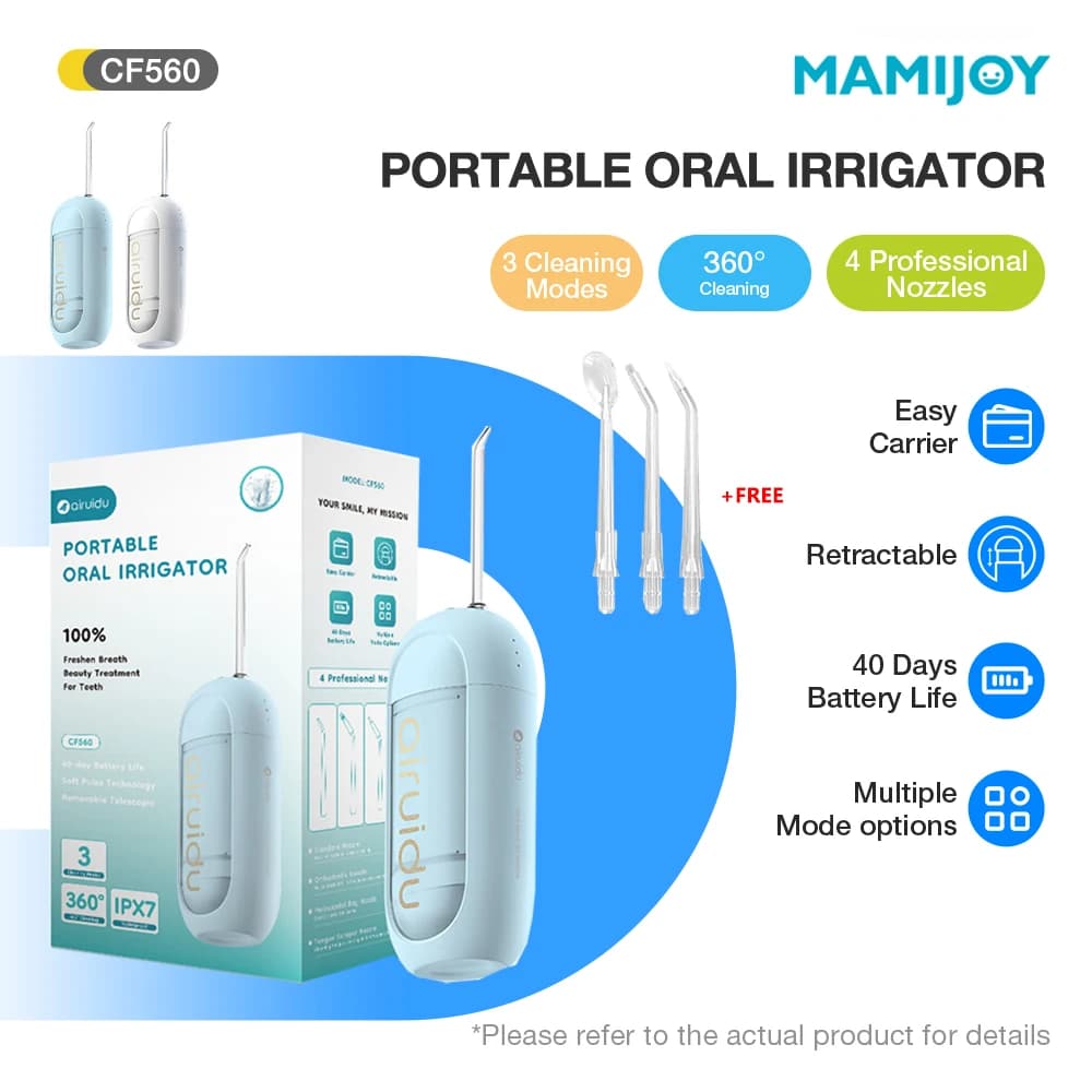 MAMIJOY Irrigatore Orale Dentale Acqua Flosser Portatile 3 Modalità IPX7 Impermeabile USB Ricaricabile 1300mAh Detergente 150ML CF560