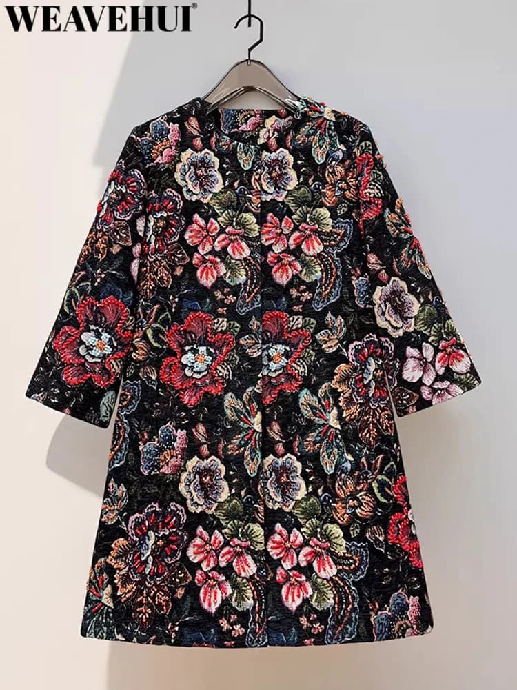 WEAVEHUI Women Vintage O-Neck 4/3 Sleeve Concealed Buttons Embroidery Beading Winter medium and long Trench Coat