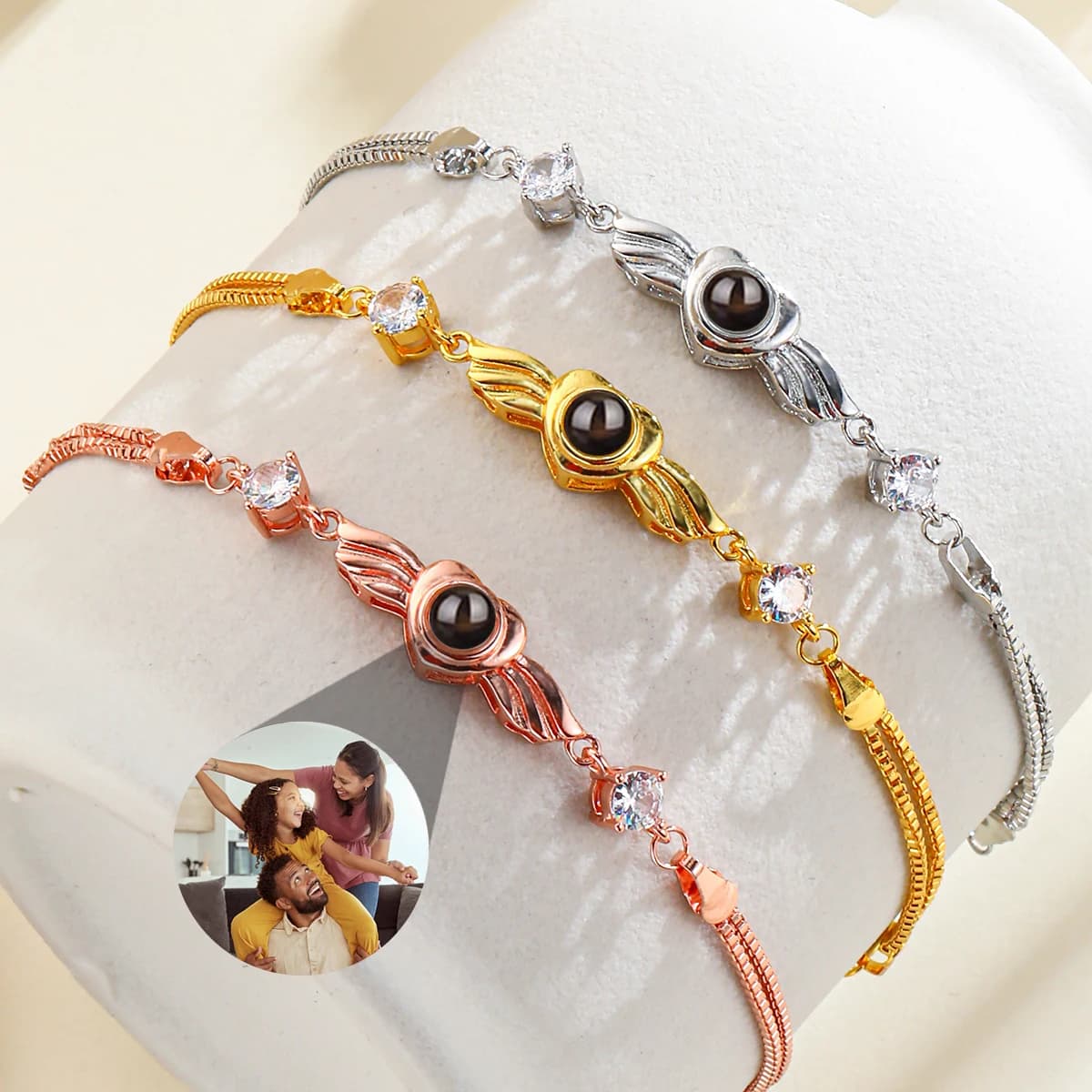 Braccialetto con foto di proiezione personalizzato personalizzato bracciale con ali d'angelo da donna con immagine all'interno di gioielli regalo di anniversario di coppia