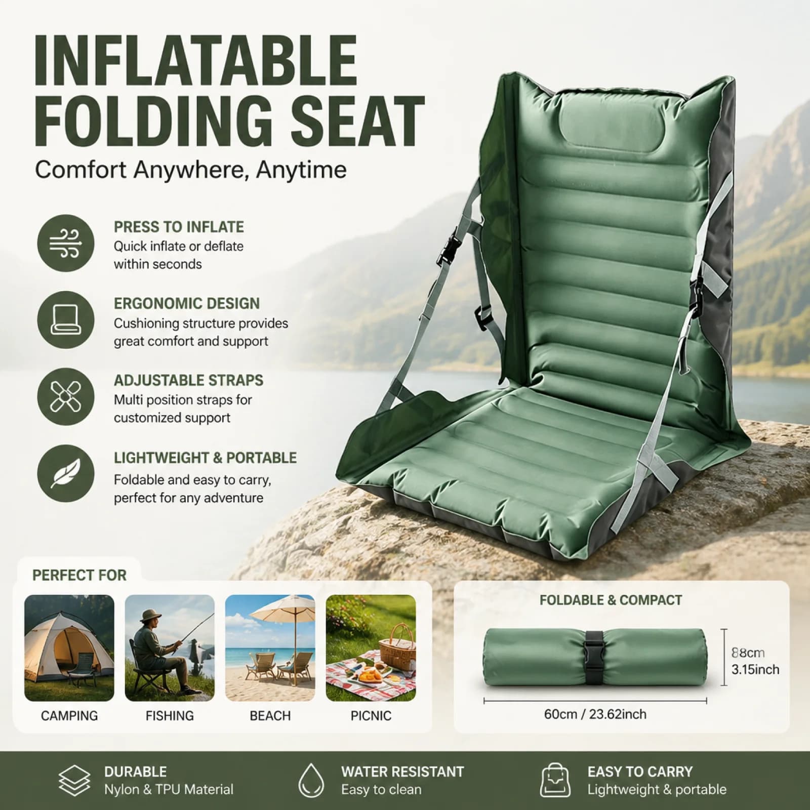 Cuscino Gonfiabile Pieghevole con Supporto per la Schiena, Leggero e Portatile, per Stadio, Campeggio, Viaggi, Aereo, Verde
