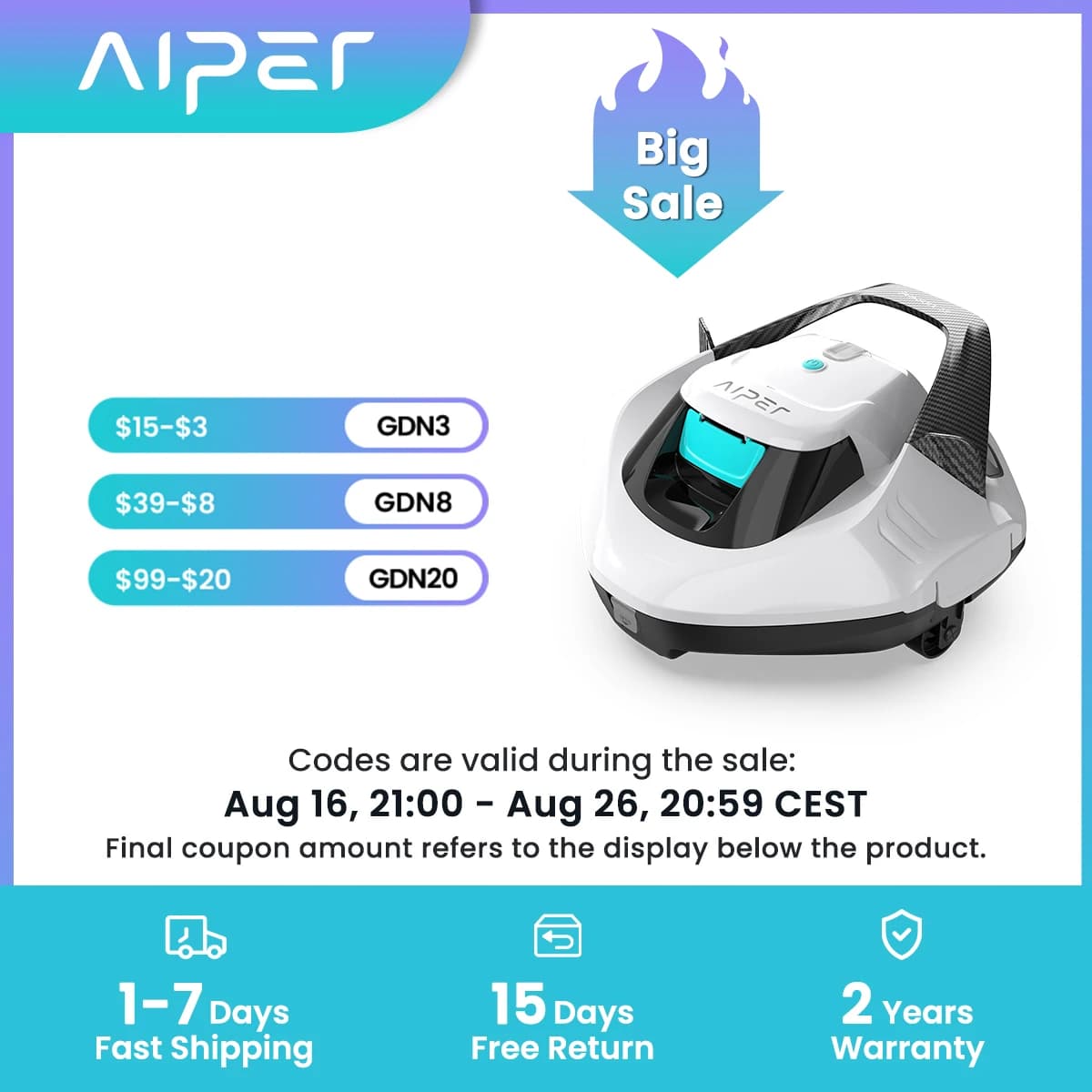 Seagull SE 2025 AIPER Cordless Pool Robot Cleaner with 1200GPH Strong Suction, 90 Mins Runtime, LED Indicator,Pool Vacuum for Above-Ground Pool up to 40 Feet, Refurbished,White
