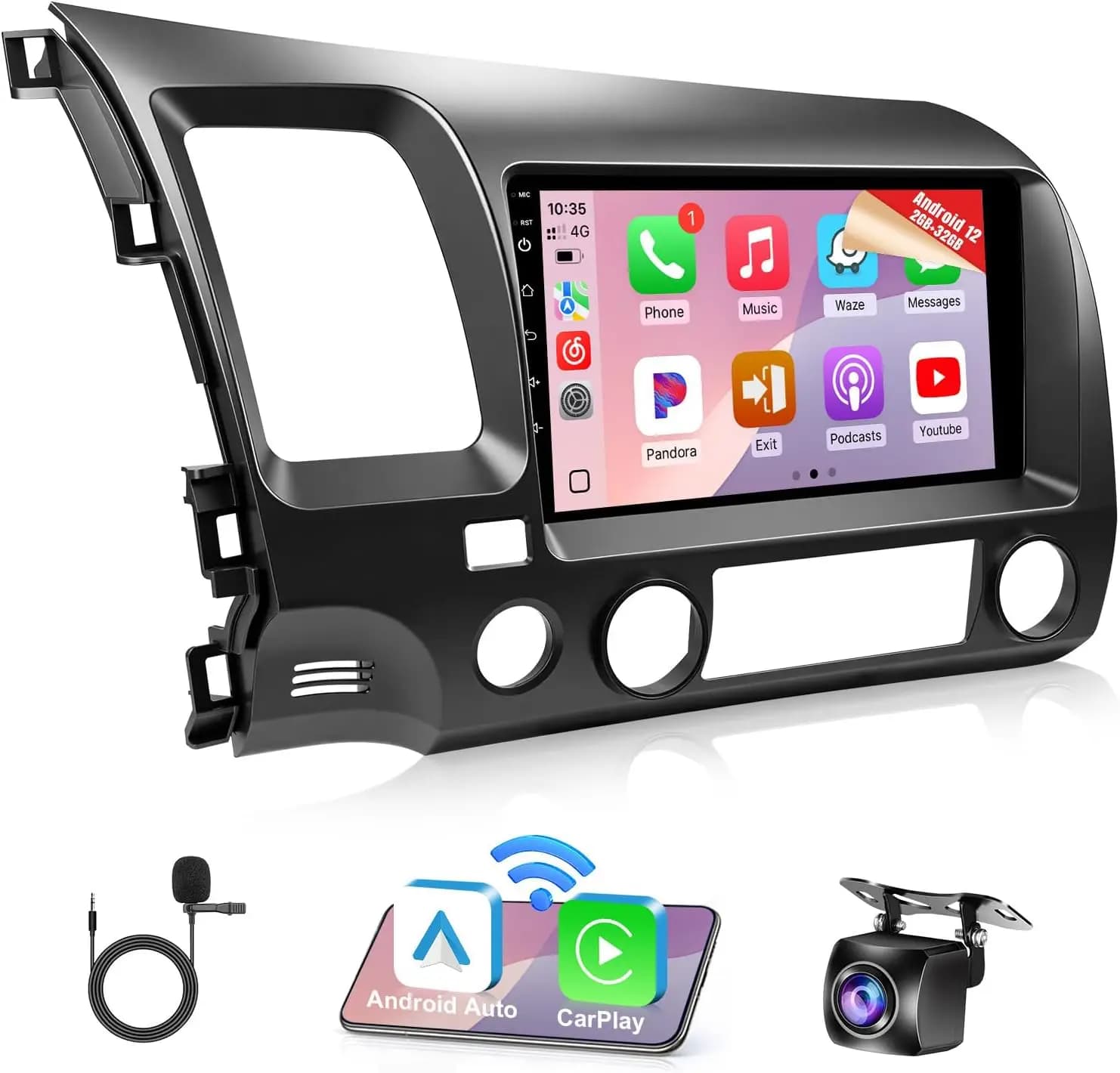 Schermo Touch da 9 Pollici per Radio Civic con CarPlay, Android Auto, Bluetooth, GPS, WiFi, FM, SWC, Telecamera + Microfono, Compatibile con Airbag