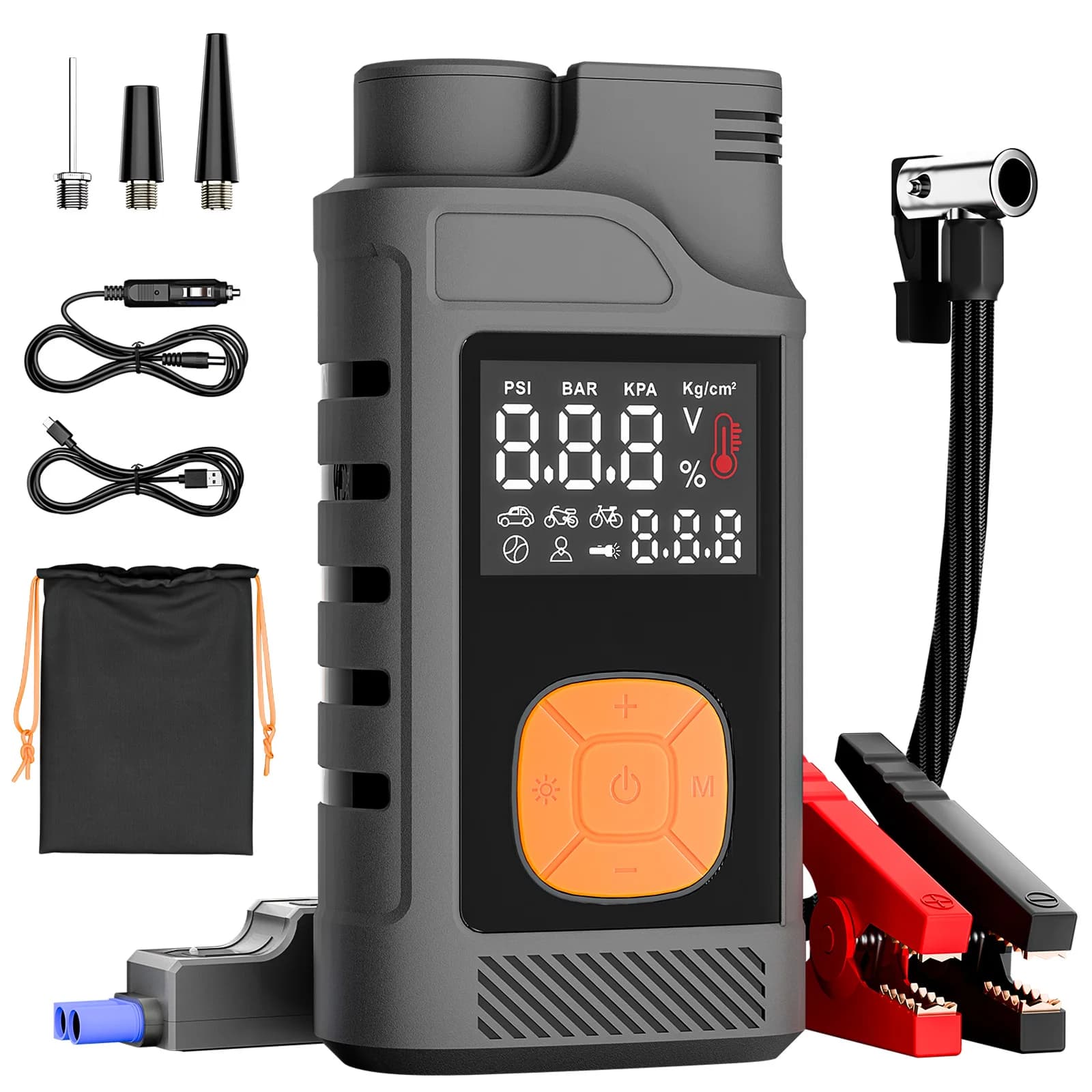 Pompa Elettrica Wireless per Auto, Gonfiatore con Schermo Digitale e Manometro per Pneumatici di Auto, Moto, Biciclette, Barche e Palloni