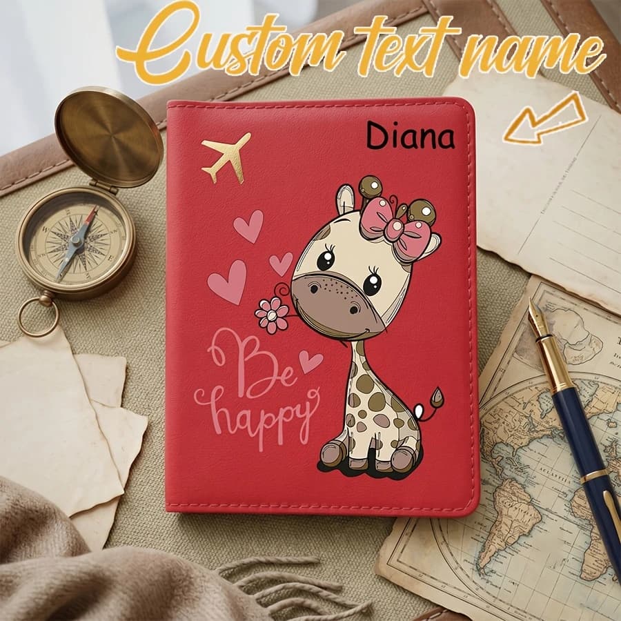 Personalized Custom Text Name Passport Holder -Stylish Foldable Travel Accessory with an Adorable Giraffe Cartoon Pattern Design