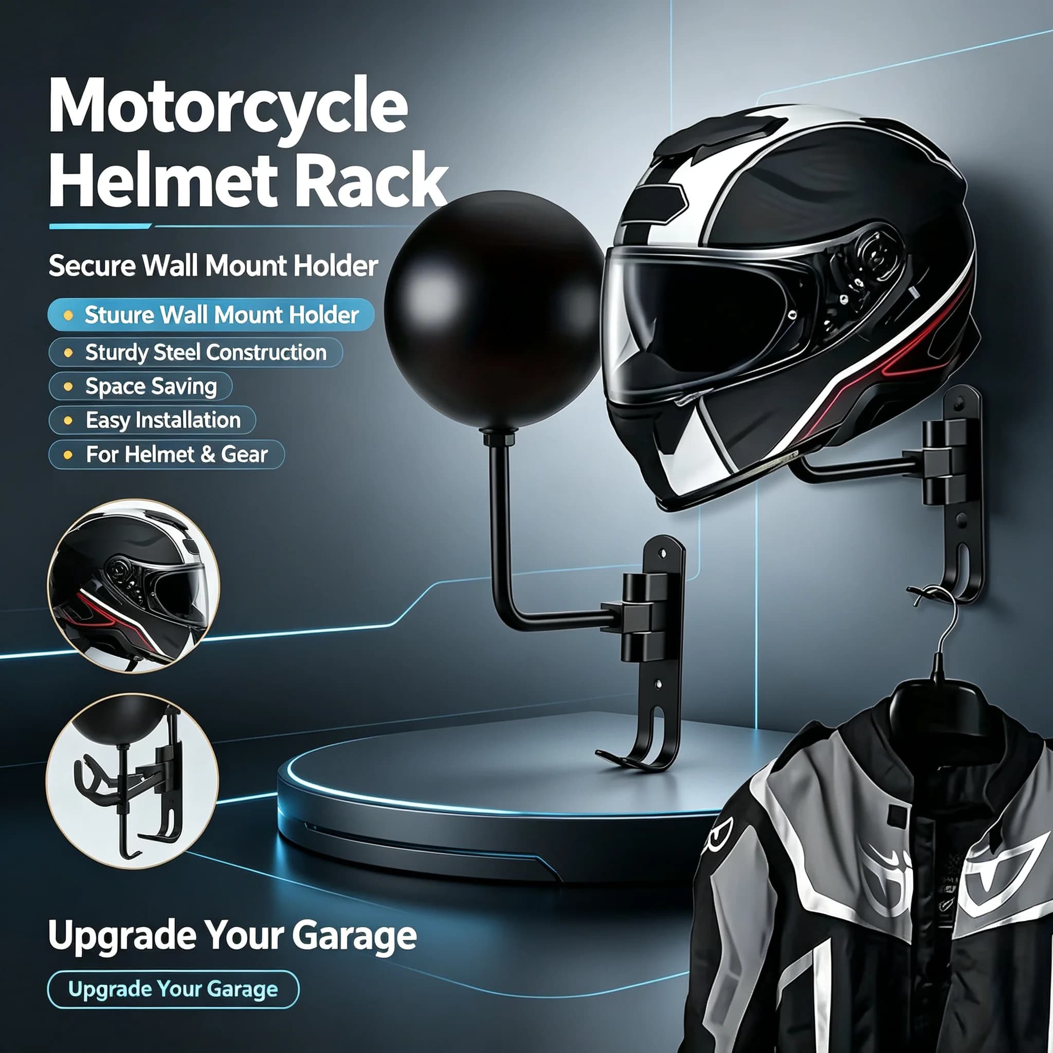 Motorcycle Helmet Holder Wall Mount 180° Swivel, Steel Helmet Rack with Dual Hooks for Jacket Coat, Garage Storage Organizer